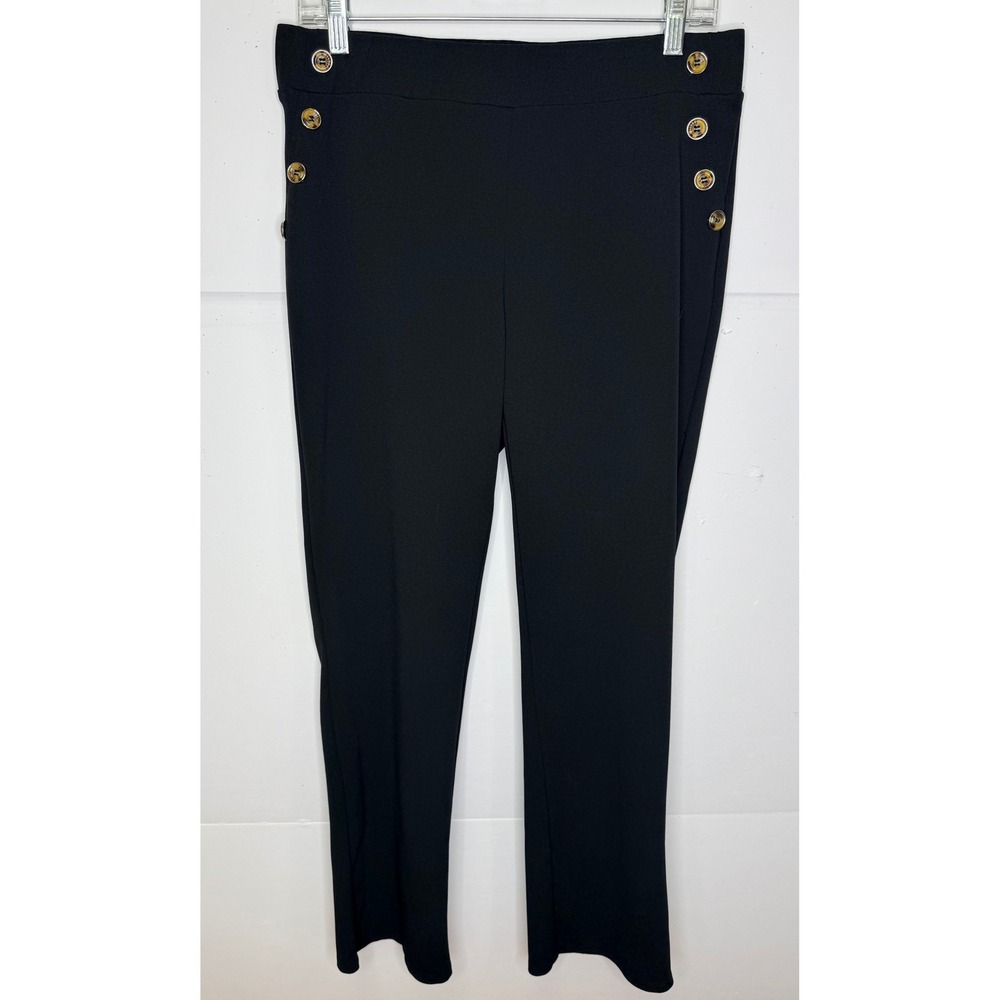 Retrology Sailor Pants Women L Black Button Stretch Trousers Office Chic Preppy